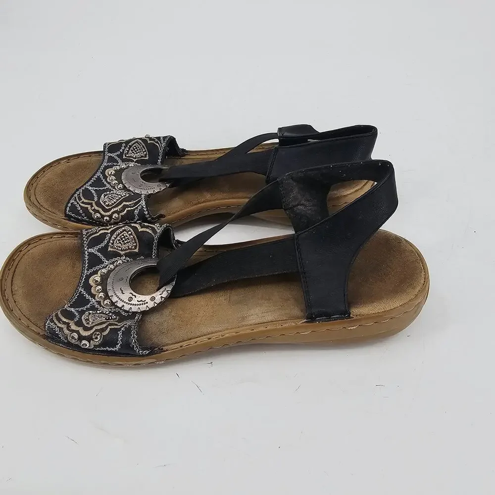 Y2K Rieker Beaded Black Embroidered Strappy Sandals Boho Silver Emblem EU 40 9.5